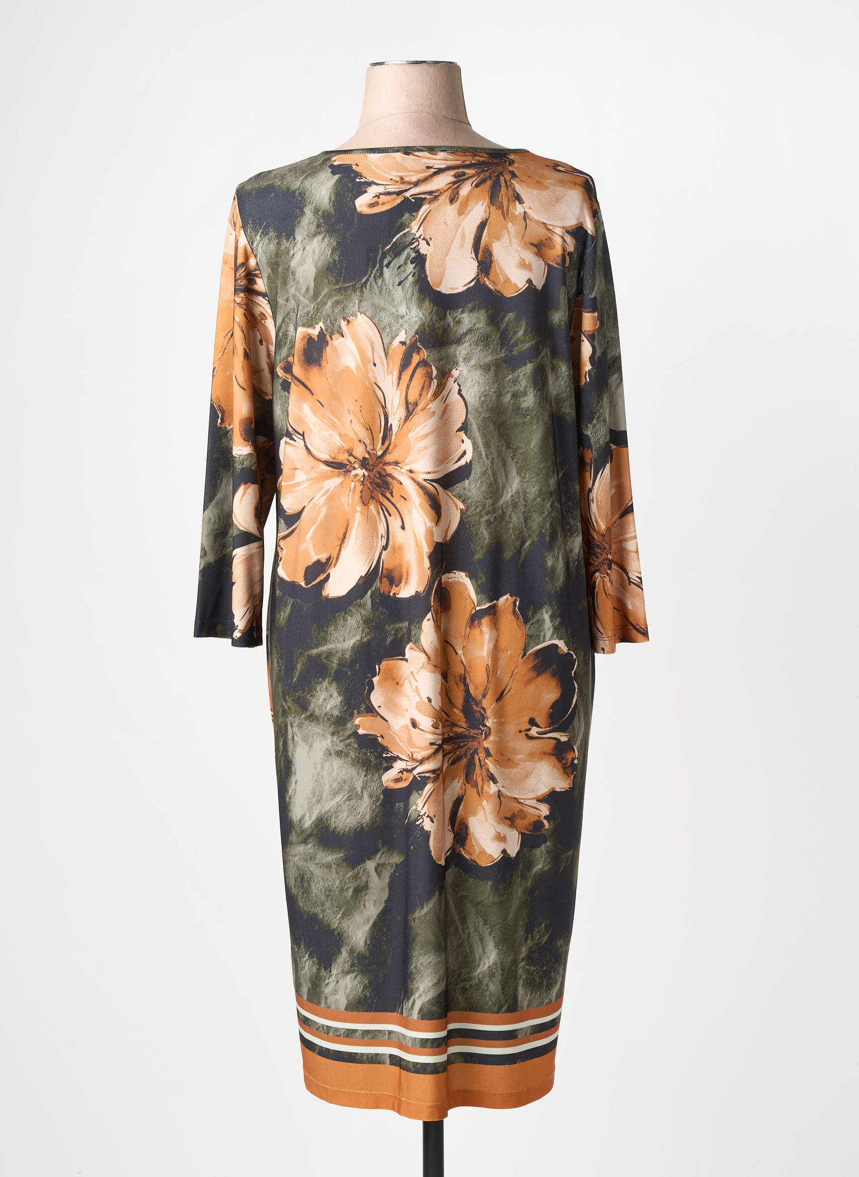 Robe mi-longue imprimé fleurs manches 3/4 vert YOEK femme