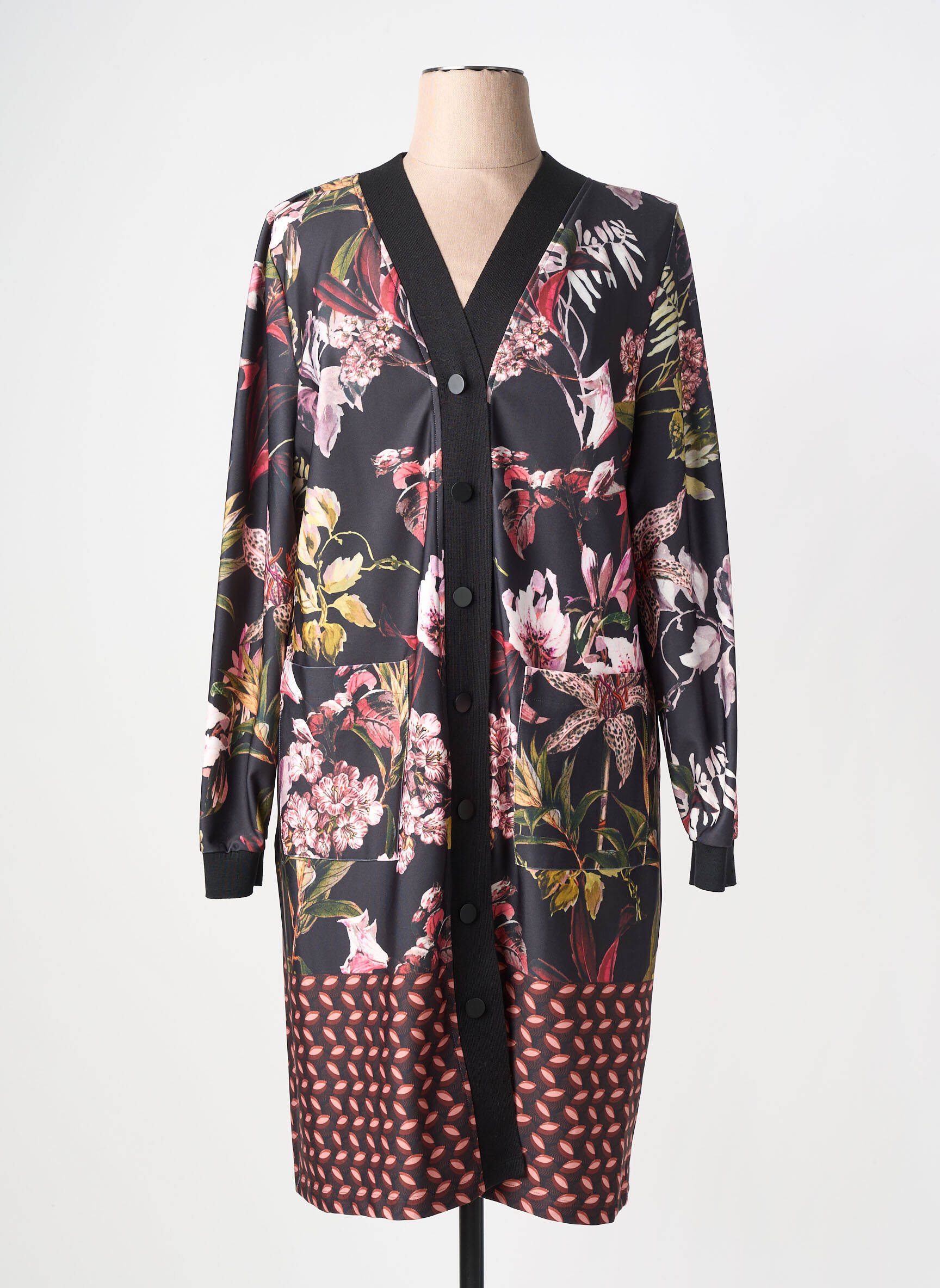 Robe mi-longue imprimé fantaisie manches longues noir YOEK femme