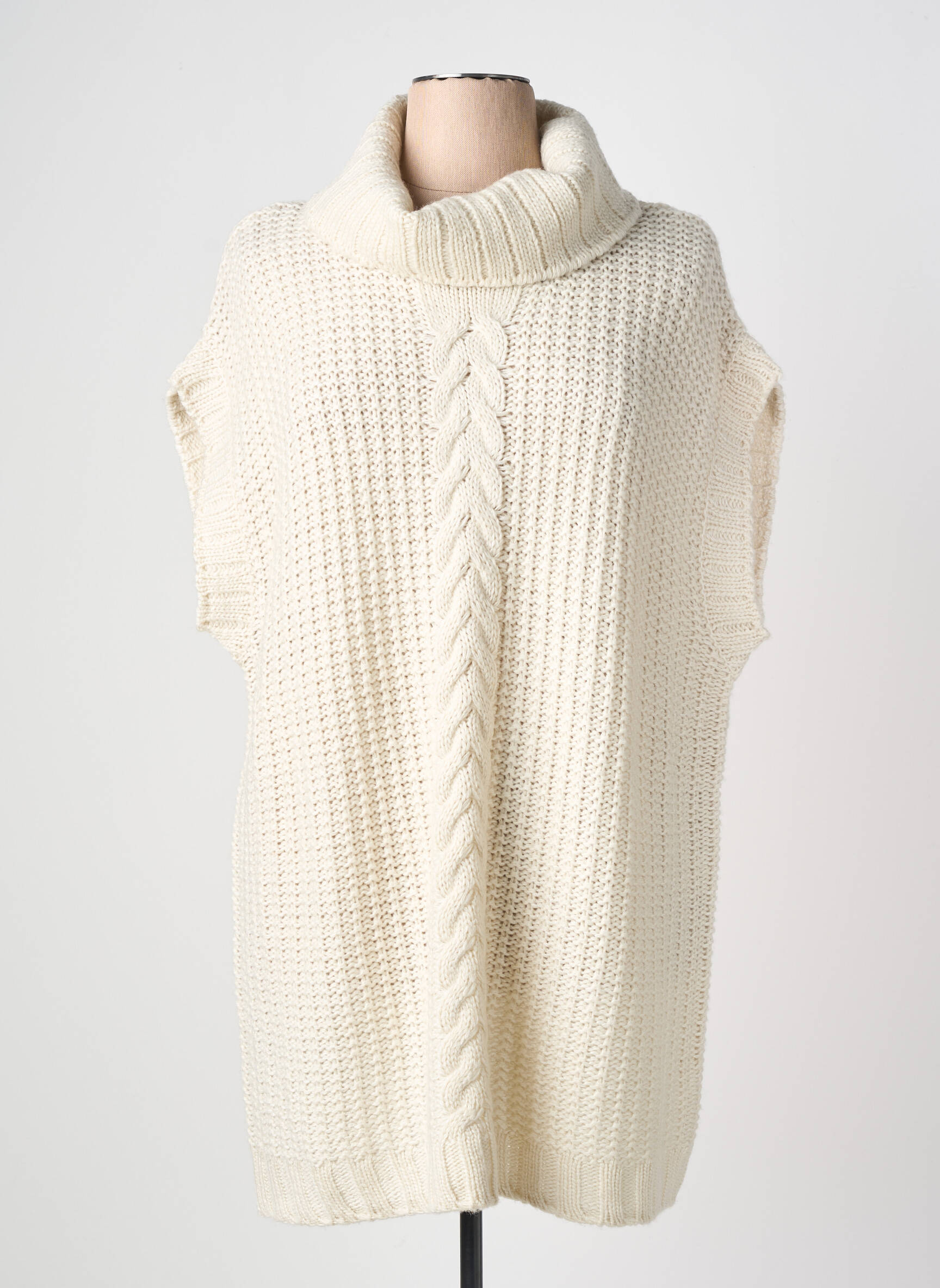 Pull tunique maille tricot manches courtes beige YESTA femme