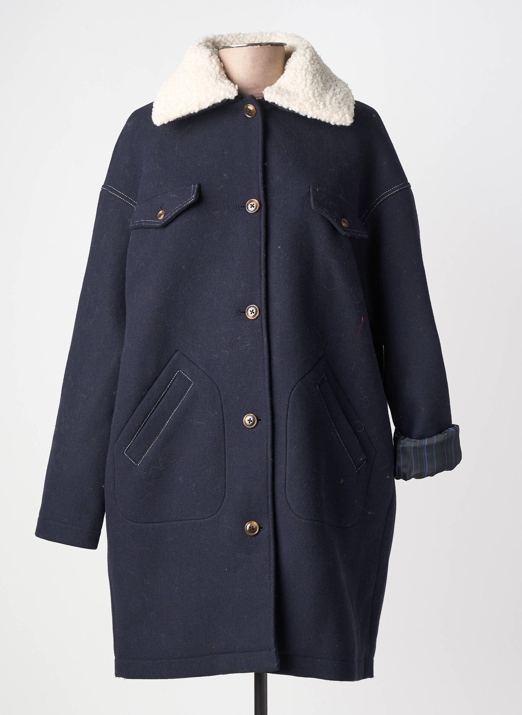 Manteau long coupe droite sans capuche bleu ONE STEP femme