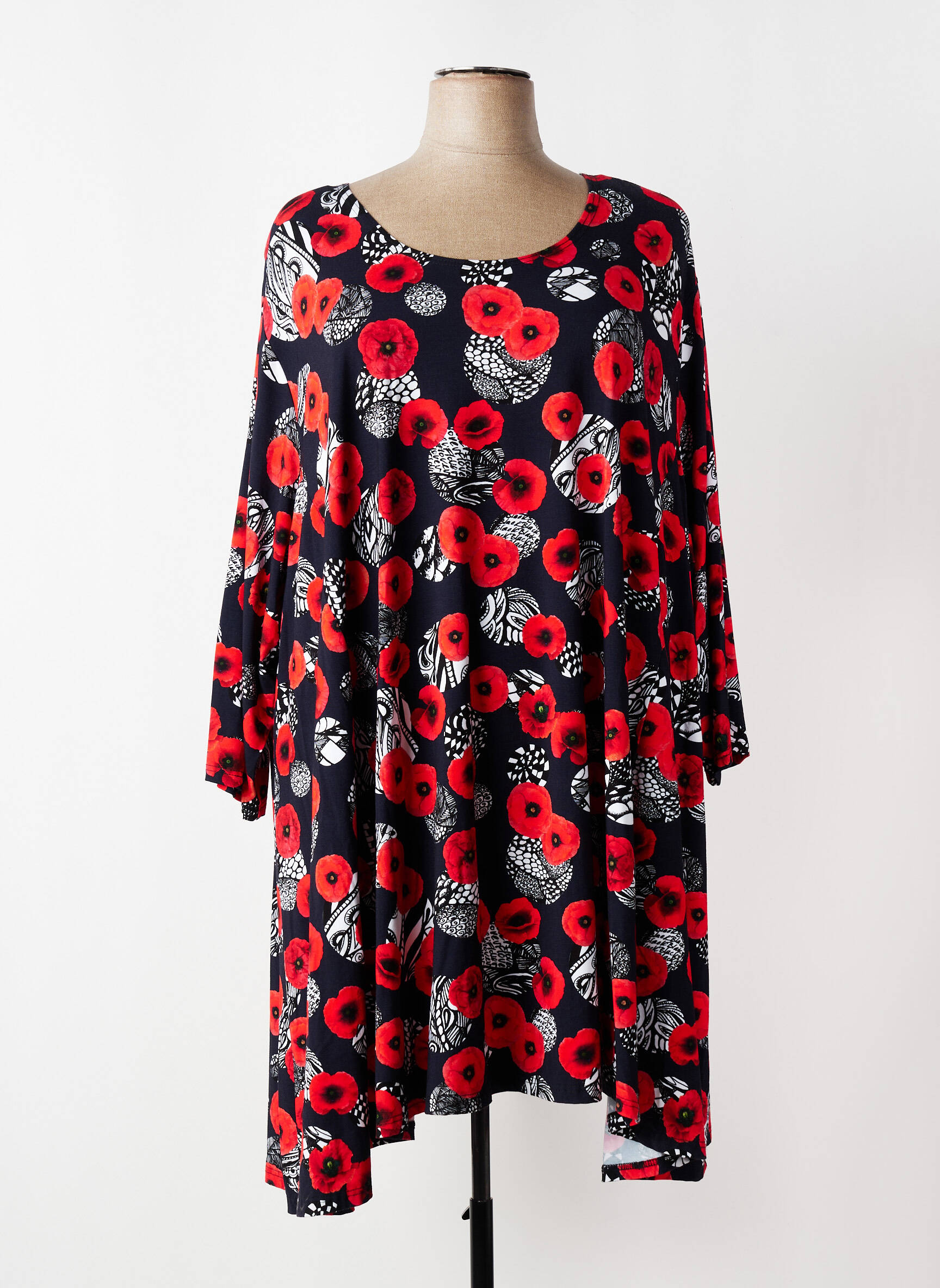 Robe mi-longue imprimé fleurs manches 3/4 rouge OLIVER JUNG femme