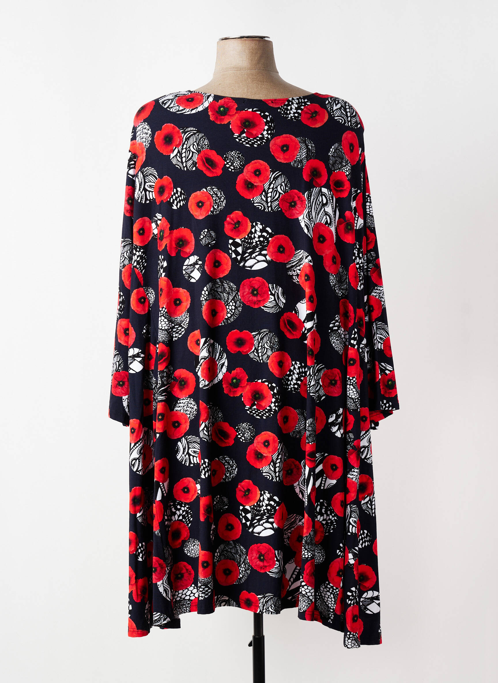 Robe mi-longue imprimé fleurs manches 3/4 rouge OLIVER JUNG femme