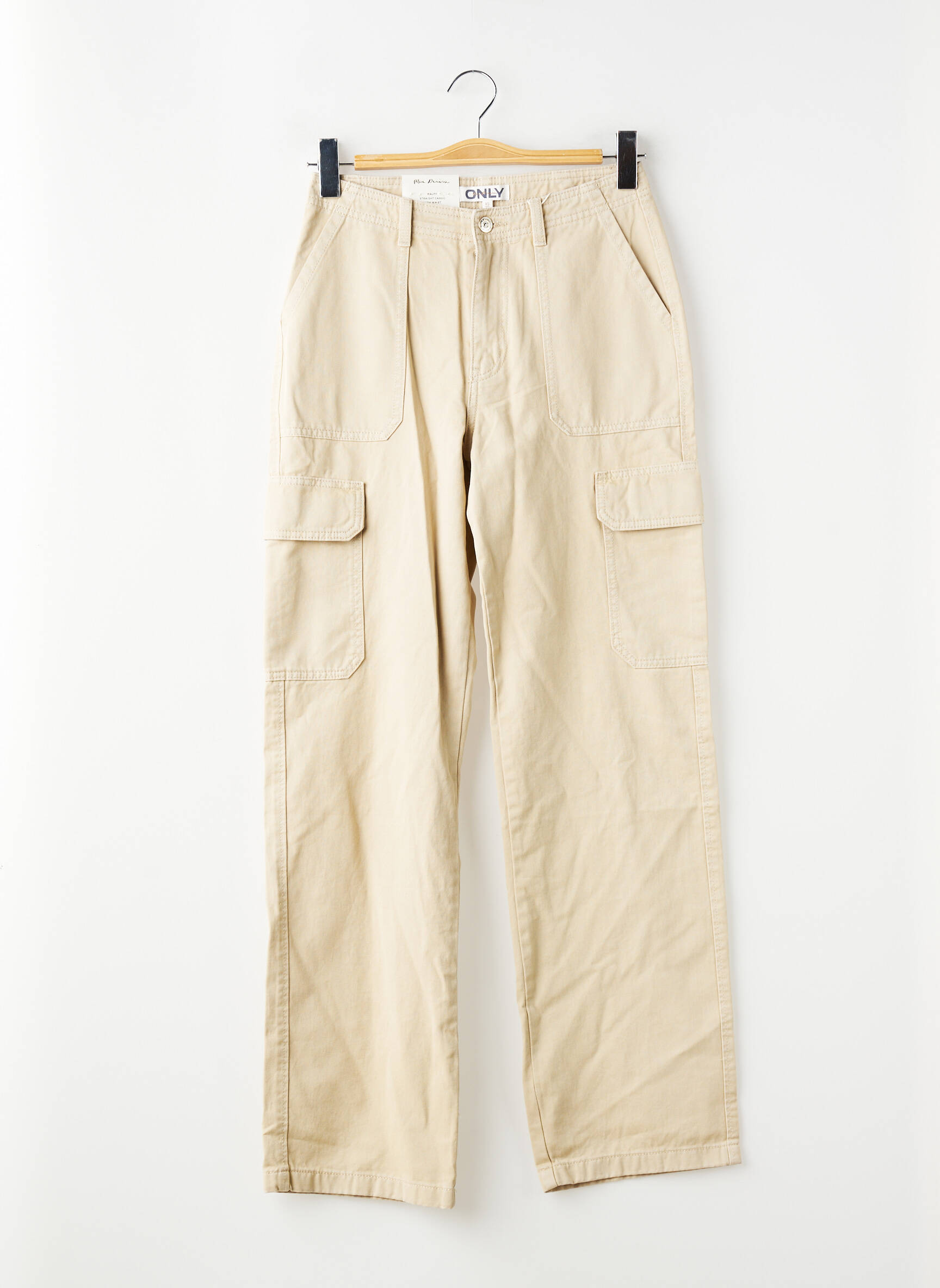 Pantalon cargo fermeture zippée et boutonnée taille haute beige ONLY femme